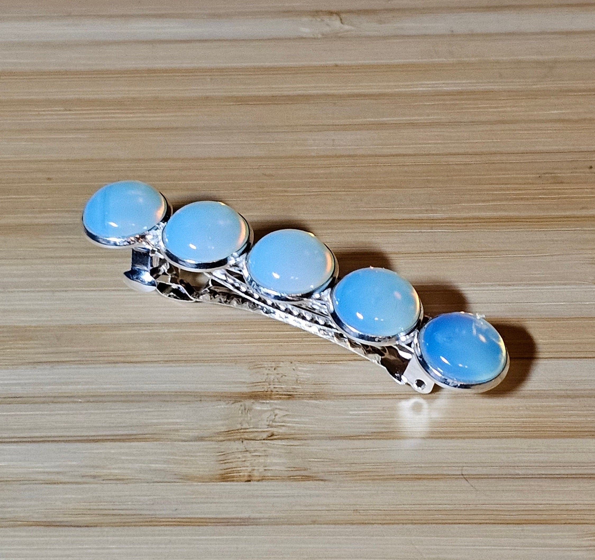 Opalite Cabochon French Barrette | Silver Stainless Steel Hair Clip 60mm
